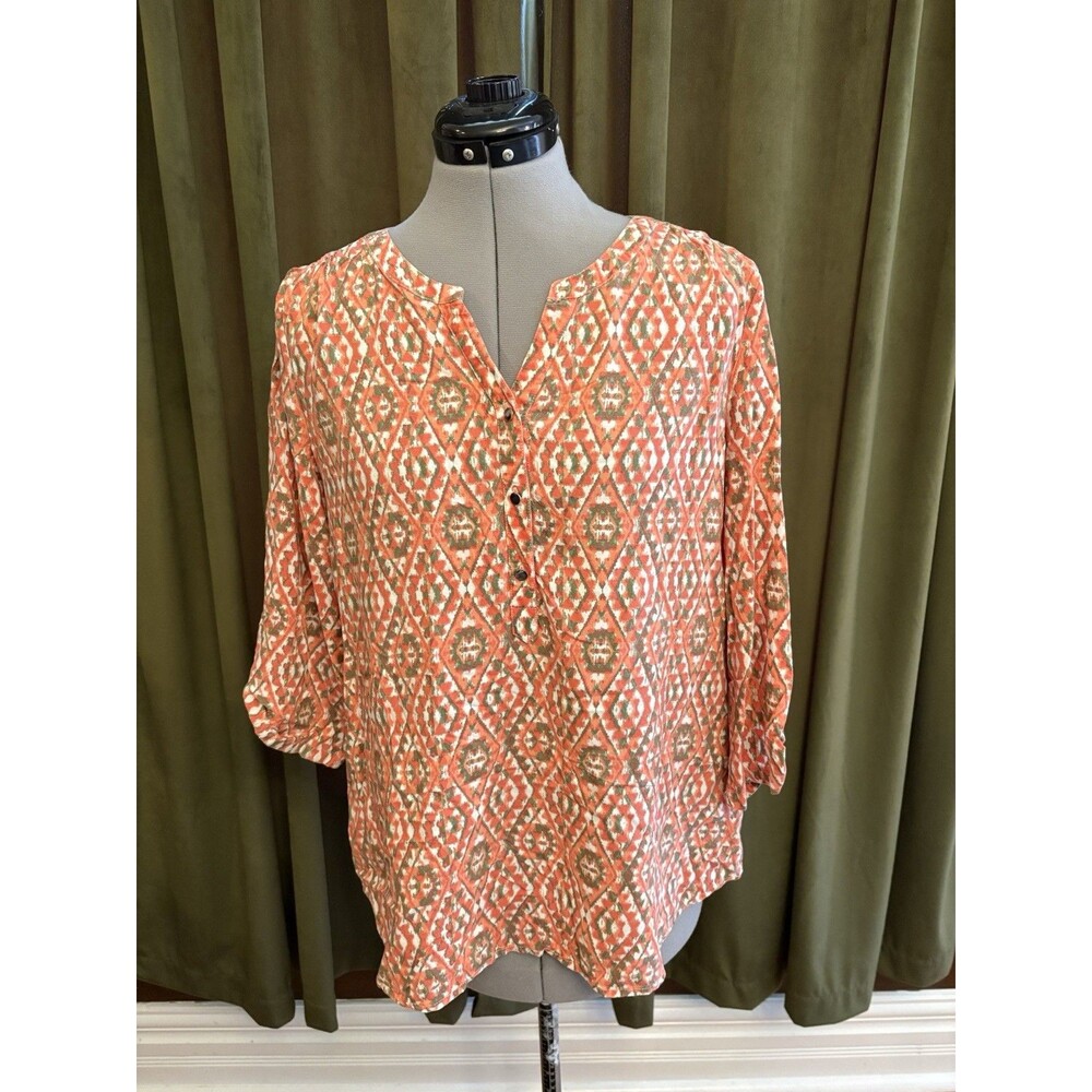 Croft & Barrow Peach Geometric Print Roll Tab Sleeve Blouse Womens Large Boho